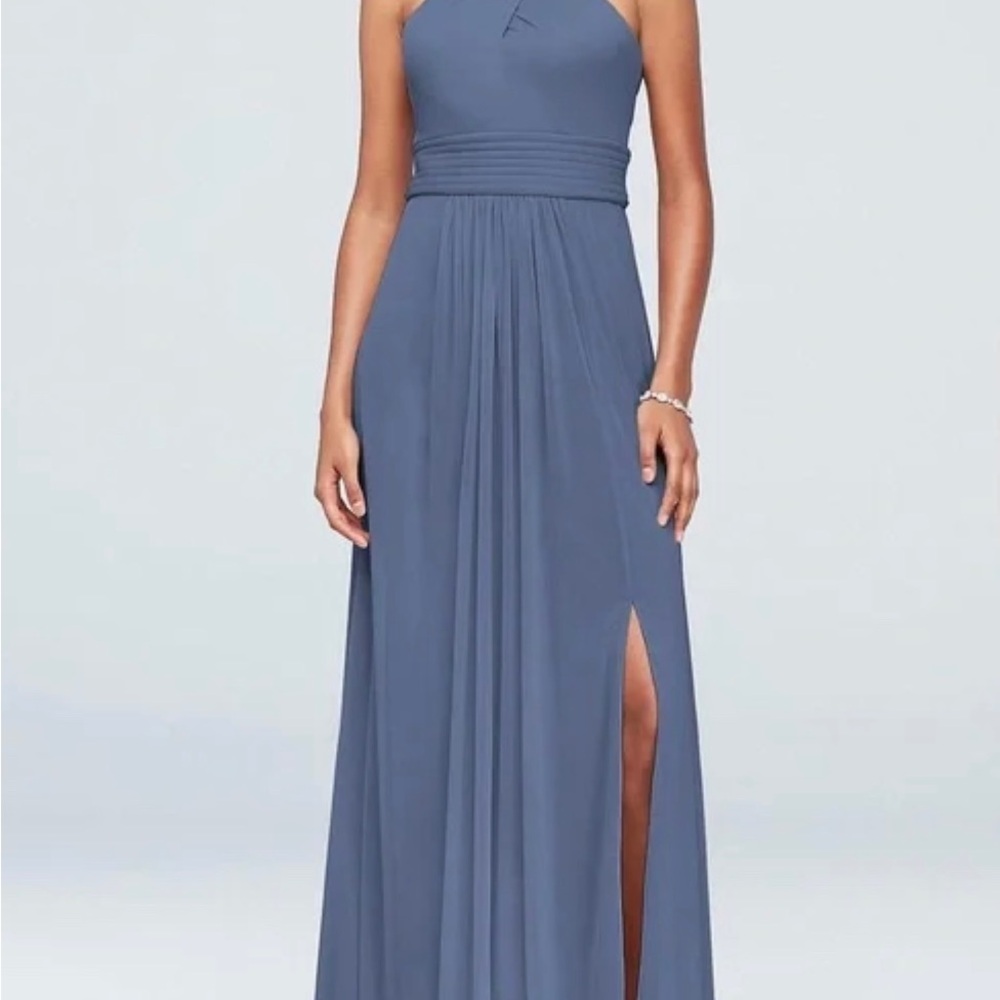 David’s Bridal Crisscross High-Neck Mesh Bridesmaid Dress in steel blue F19952